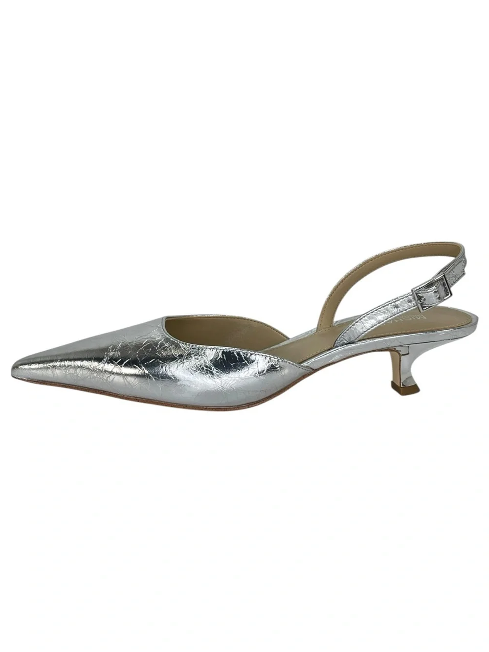 Michael Kors Luna Silver Leather Slingback Womens Kitten Heels Size 7.5M